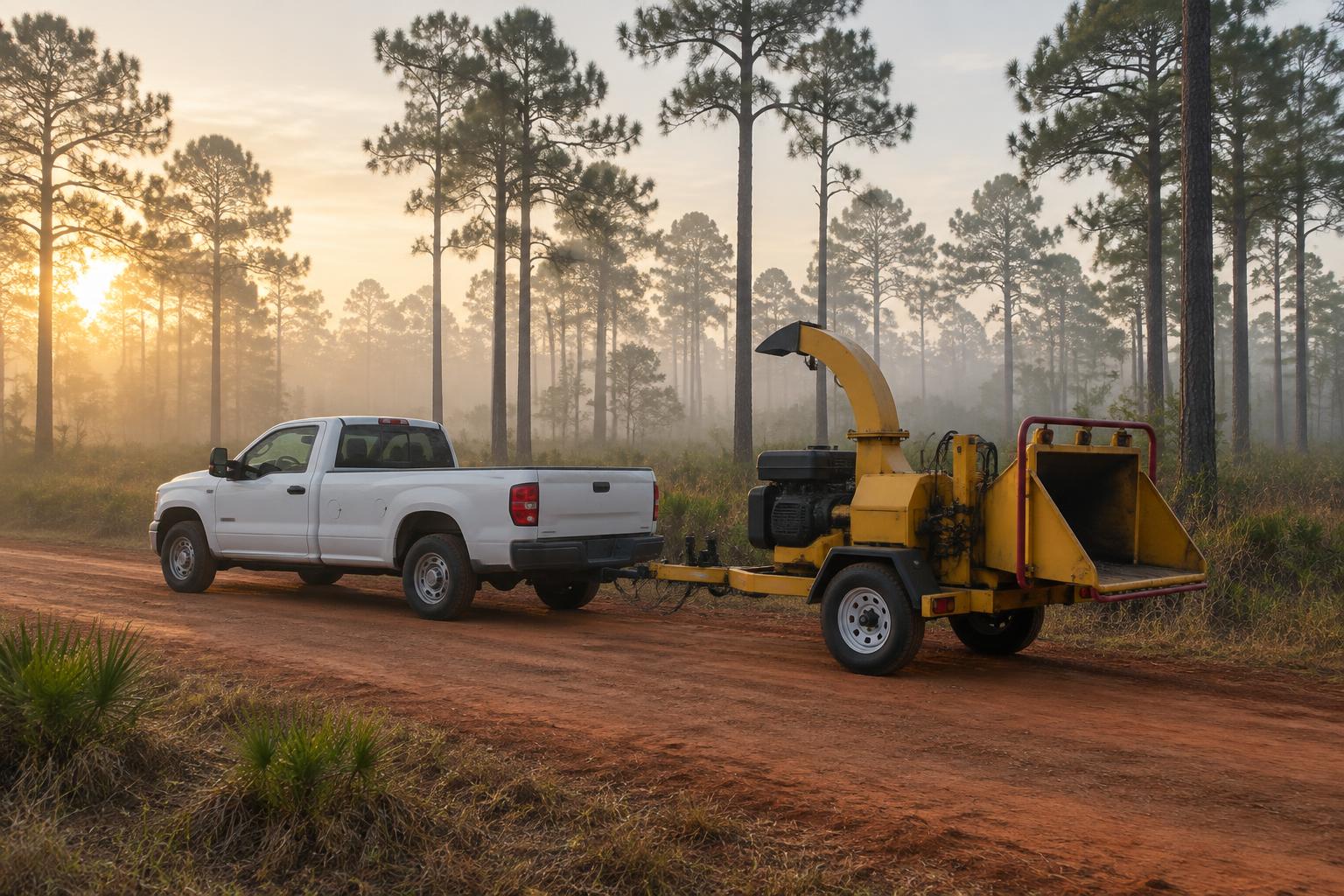 A work truck and chipper parked on a red dirt road between tall pines outside Florence, South Carolina