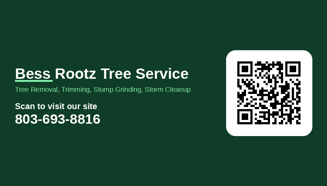 Print-ready Bess Rootz Tree Service business card with a scan code and the phone number 803-693-8816